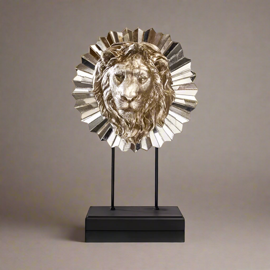 Majestic Gaze: Regal Lion Head Sculpture with Mirrored Mane