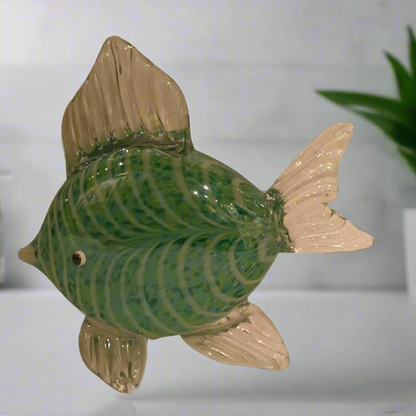 Emerald Ripple: Green & White Swirl Glass Fish Sculpture