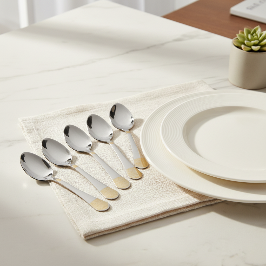 Elegant Sips: 6-Piece Sliver Glided Stainless Steel Teaspoon Set with Gold Accent