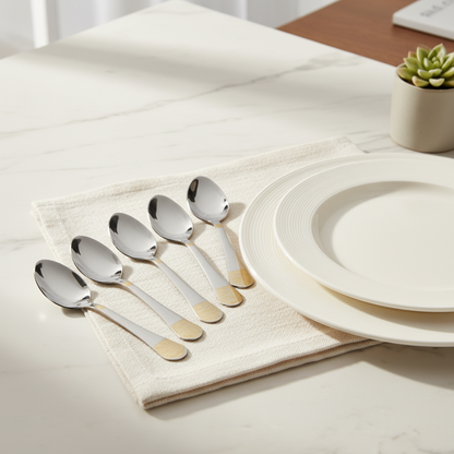 Elegant Sips: 6-Piece Sliver Glided Stainless Steel Teaspoon Set with Gold Accent