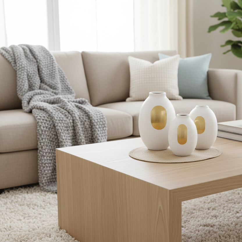 Living room with beige sofa, coffee table, and decorative items