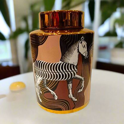 Equine Mirage: Artistic Decorative/Ginger Jar with Zebra Stripes and Gold Accents