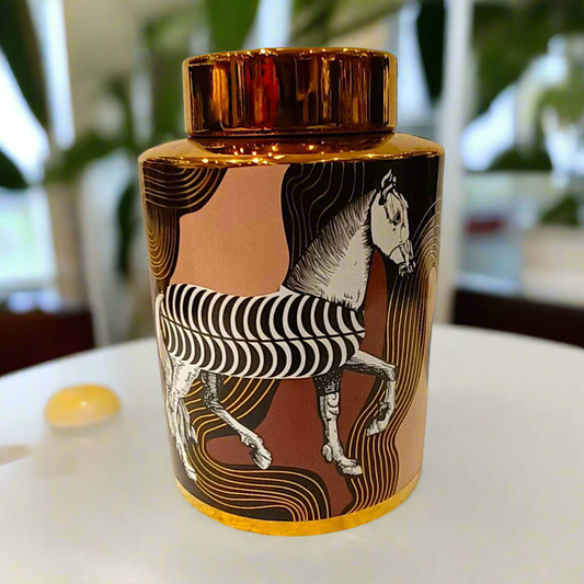 Equine Mirage: Artistic Decorative/Ginger Jar with Zebra Stripes and Gold Accents
