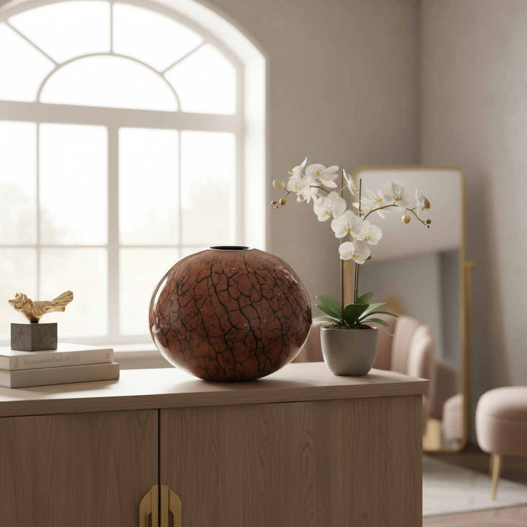 Ceramic vase with a unique texture on a blurred background