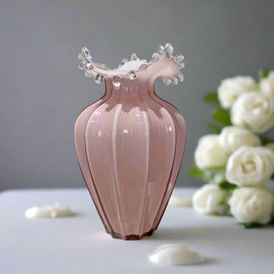 Blush Belle: Melon-Ribbed Art Glass Vase with Ruffled Berry Rim