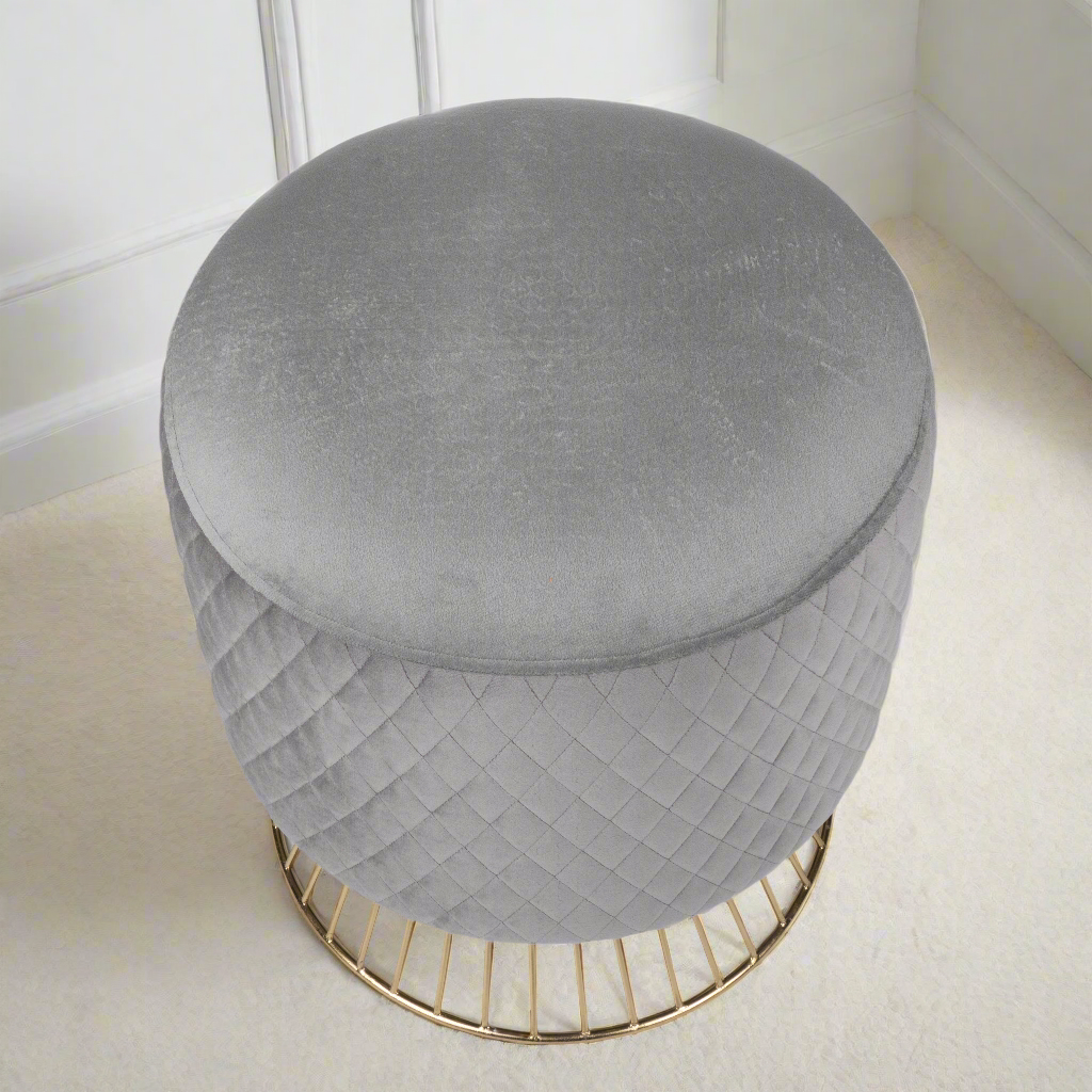 Elegant Gray Quilted Velvet Ottoman with Gold Base
