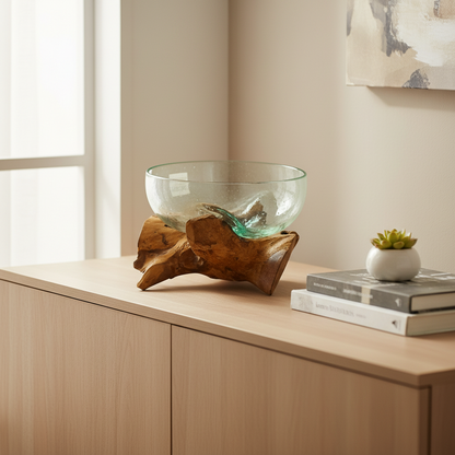 Clear glass bowl on a wooden stand on a light wood surface with a neutral wall background