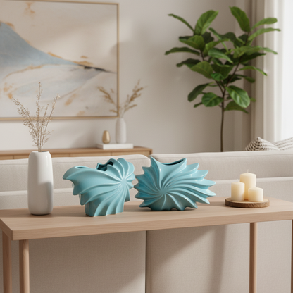 Two blue decorative vases on a wooden table with a white wall and plant in the background
