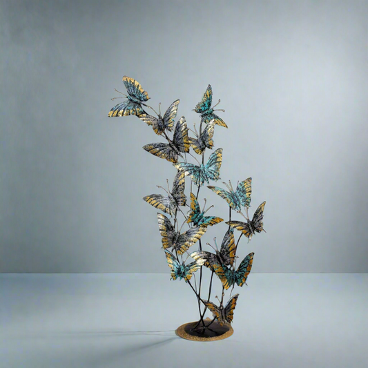 Artistic Golden Wing Butterfly Cluster Decor | Blue & Teal Metal Sculpture