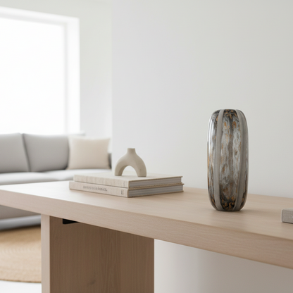 Modern living room with a wooden table, vase, and books.