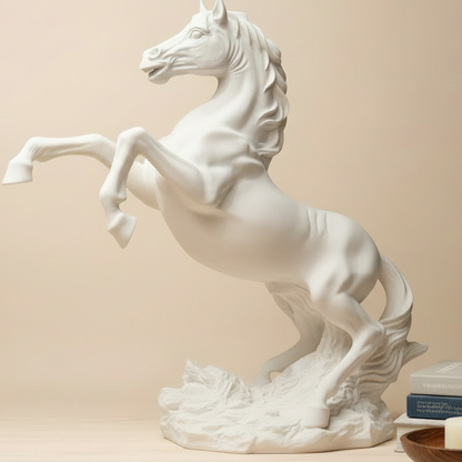 White horse sculpture on a shelf with books and a candle