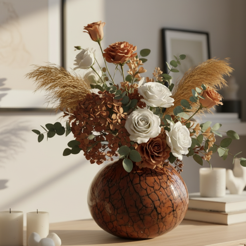 Ceramic vase with a unique texture on a blurred background