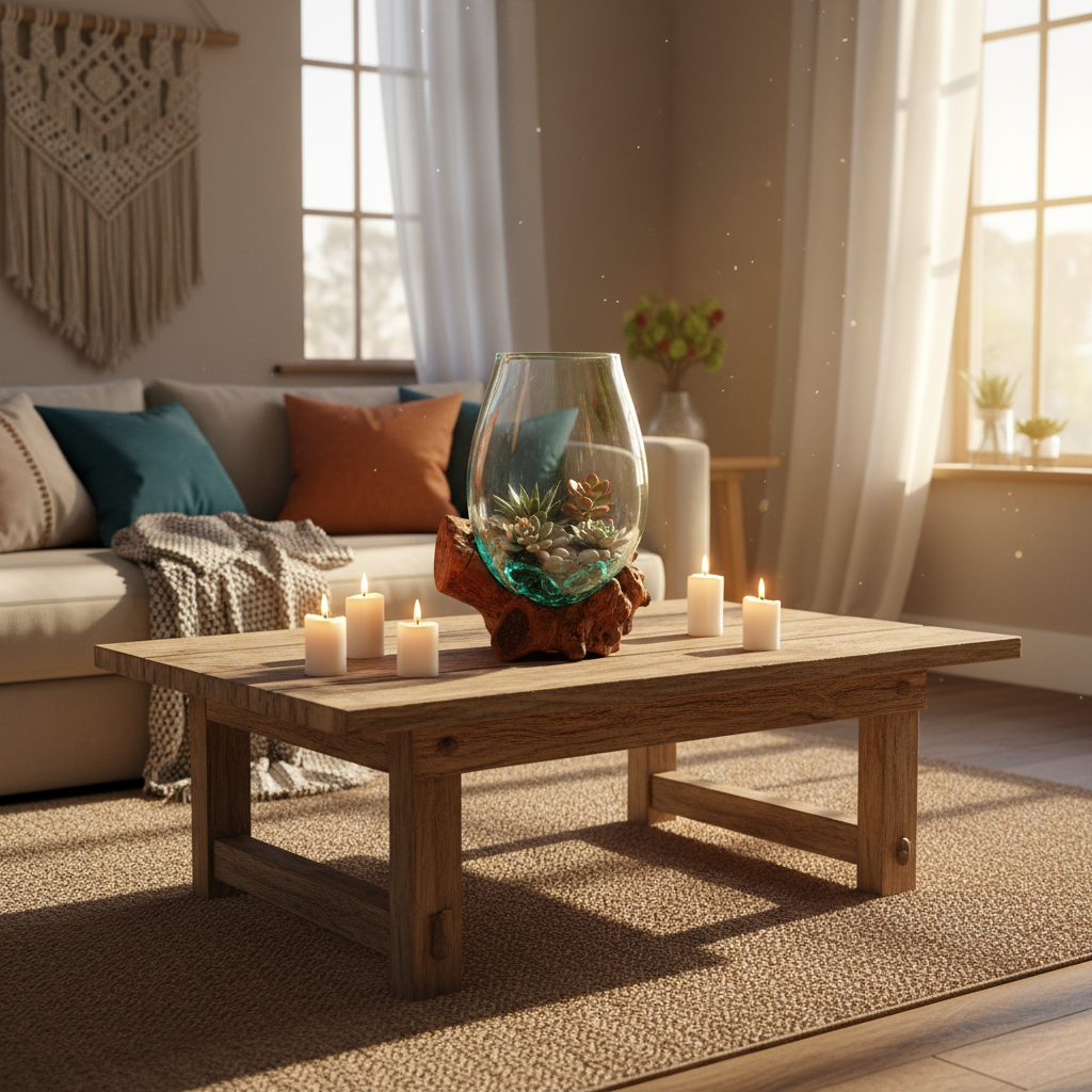 Glass terrarium with succulents on a wooden base, set against a blurred background of green plants.