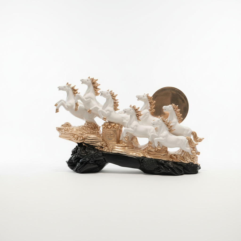 Decorative figurine of a chariot with horses on a white background