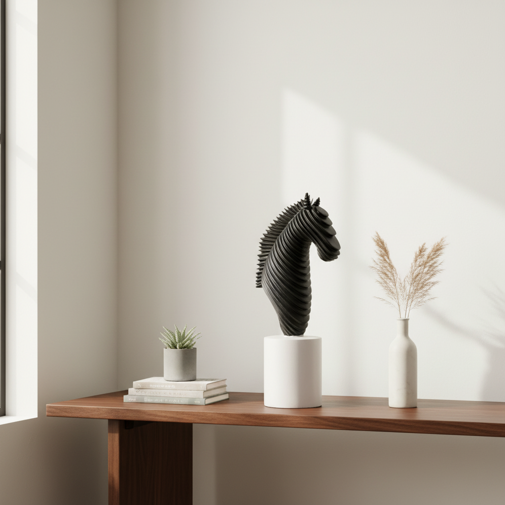 Decorative horse head sculpture on a wooden table with a minimalistic background