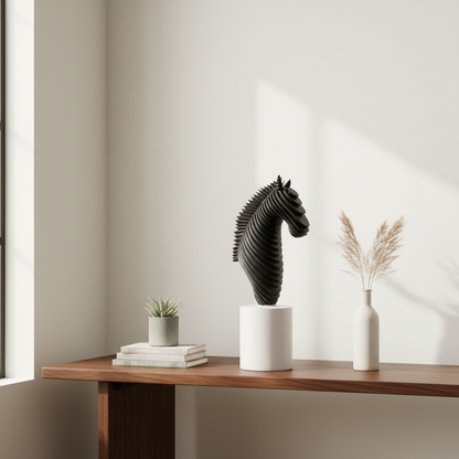 Decorative horse head sculpture on a wooden table with a minimalistic background
