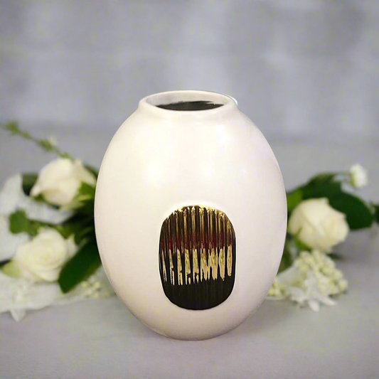 Gilded Harmony: White Ceramic Vase with Textured Gold Accent