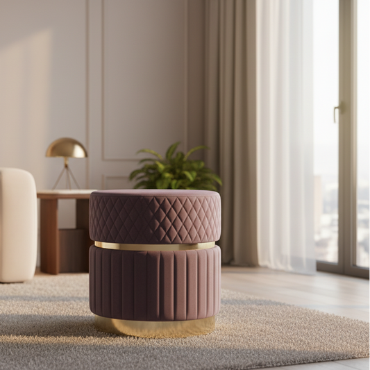 Decorative ottoman with quilted design in a modern living room setting