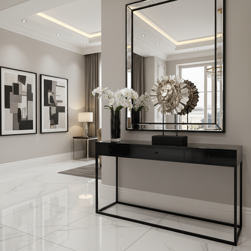 Modern interior design with a console table, mirror, and decorative items.