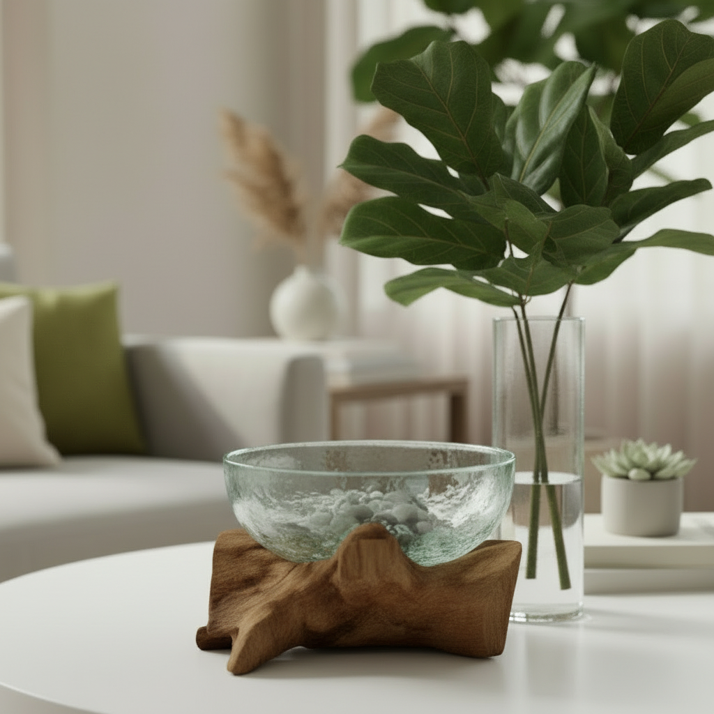 Modern living room with a wooden coffee table, gray sofa, green armchair, and decorative plants.