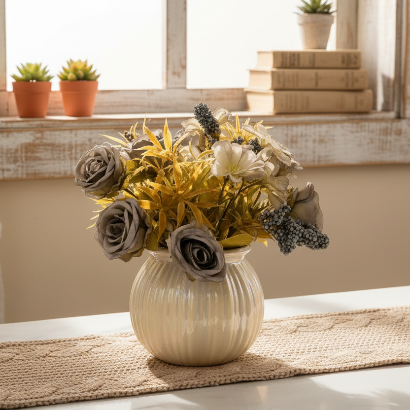 Decorative vase with flowers on a table in a room with a window and books.