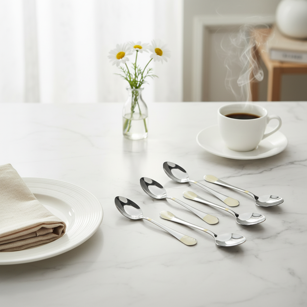 Set of silver spoons on a marble table with a cup of coffee and flowers in the background.