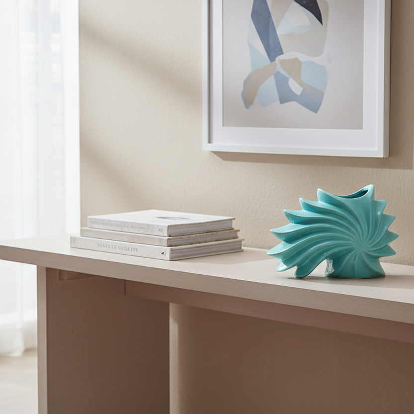 Teal ceramic vase on a wooden surface with abstract art in the background