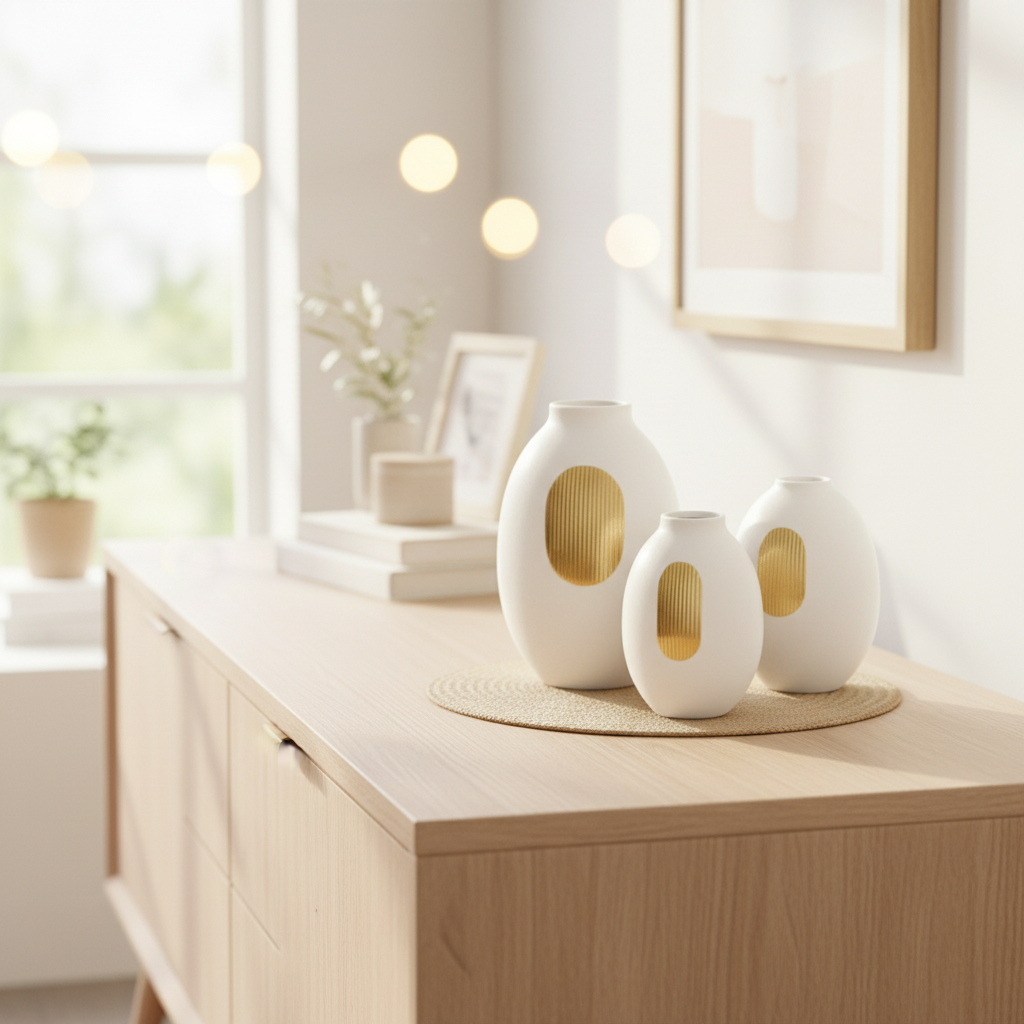 Three white vases with gold interior designs on a wooden surface in a bright room.