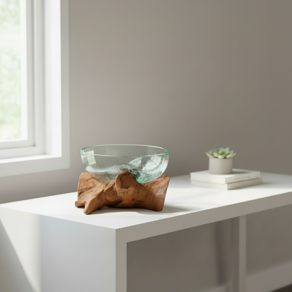 Glass bowl on a wooden stand on a white surface with a neutral background