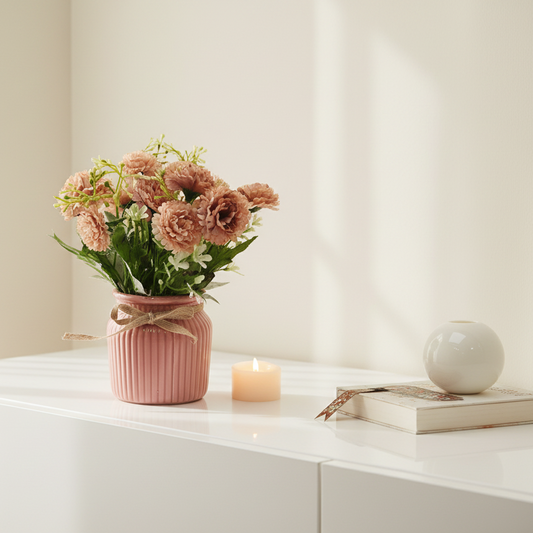 Pink vase with flowers on a white surface with a candle and book in the background
