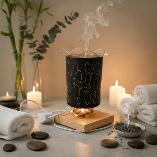 Decorative lamp with black patterned shade and wooden base on a light surface.