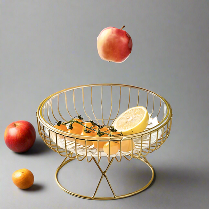 Golden Lattice: Modern Metal Fruit Basket with Fibre Bowl