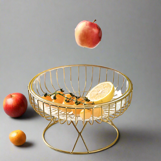 Golden Lattice: Modern Metal Fruit Basket with Fibre Bowl