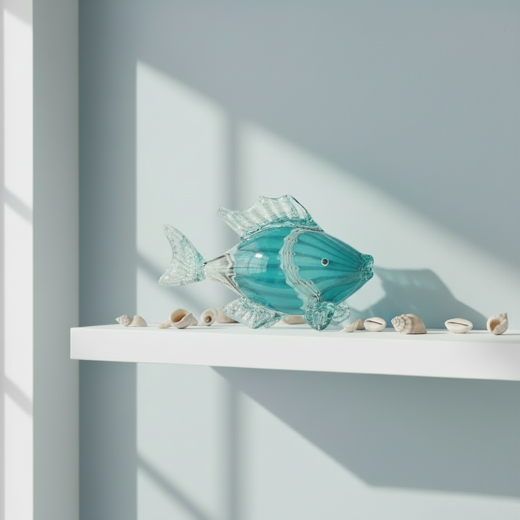 Turquoise glass fish on a white shelf with seashells, against a light gray wall.
