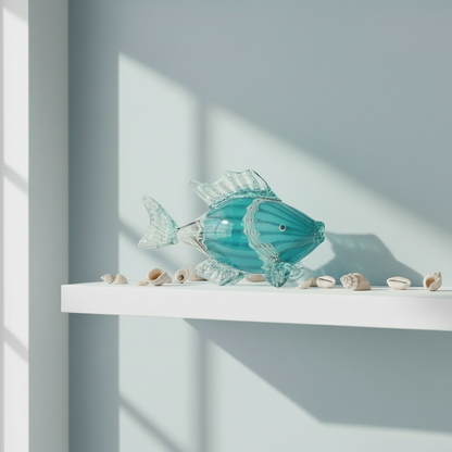 Turquoise glass fish on a white shelf with seashells, against a light gray wall.