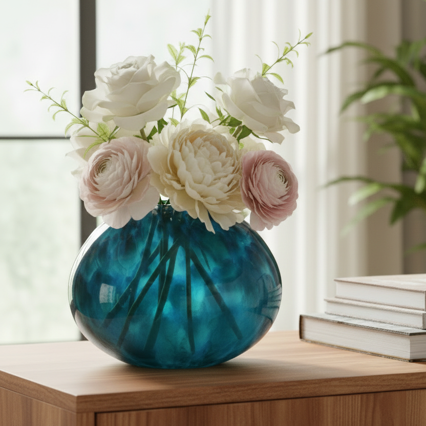 Blue vase with flowers on a wooden surface next to books, with a plant in the background.