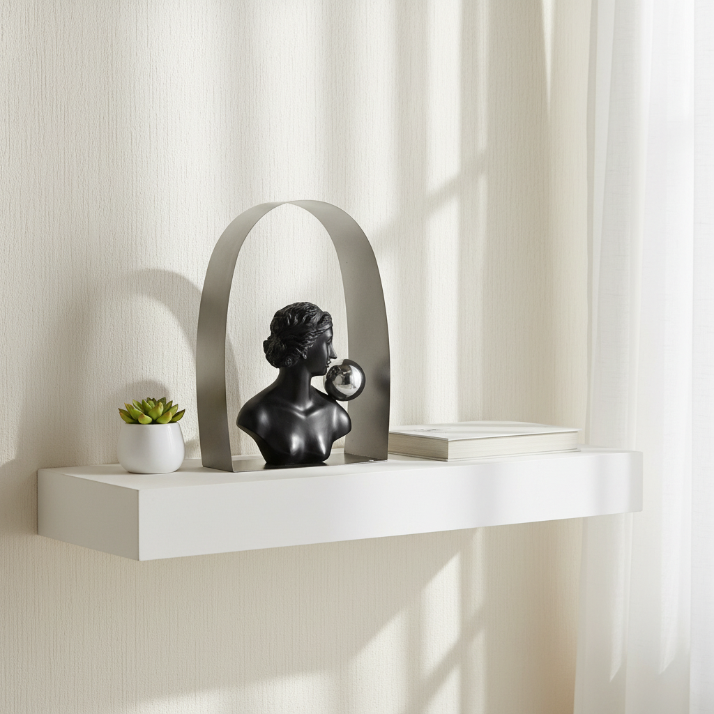 Decorative shelf with a bust, plant, and books against a neutral wall.
