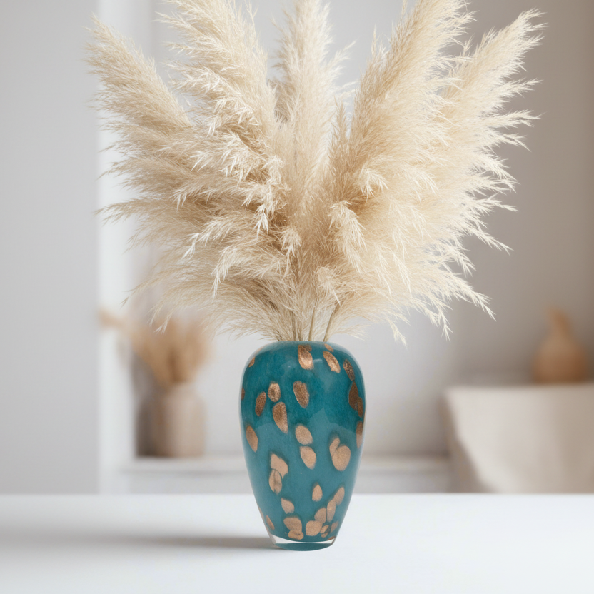Teal vase with gold speckles holding dried pampas grass on a white surface.