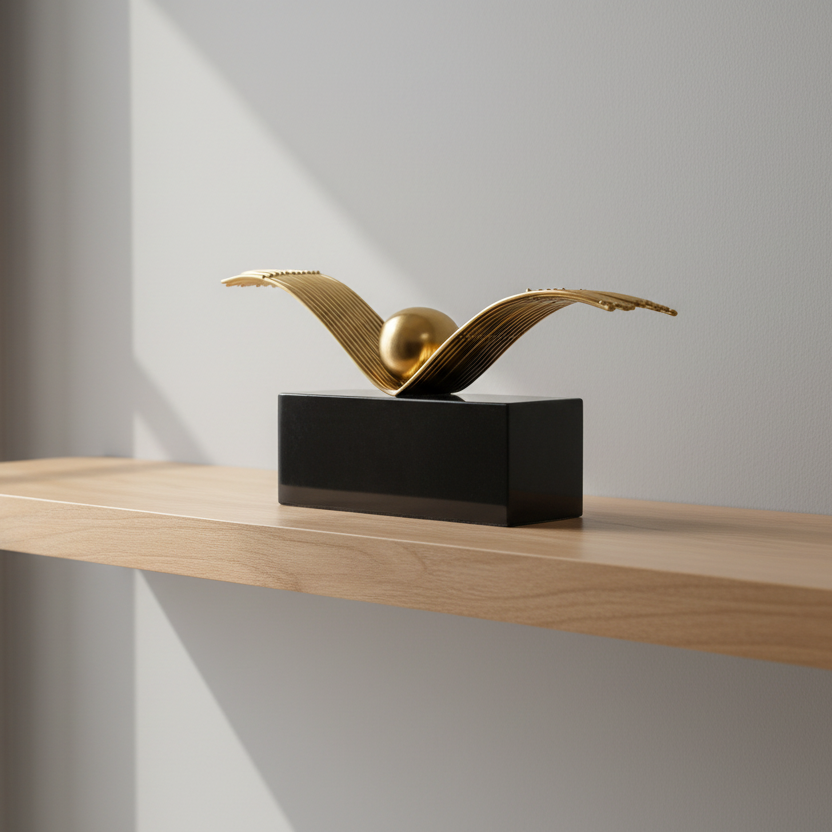 Decorative gold sculpture on a black base on a wooden shelf with a neutral background