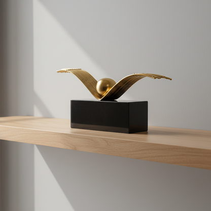 Decorative gold sculpture on a black base on a wooden shelf with a neutral background