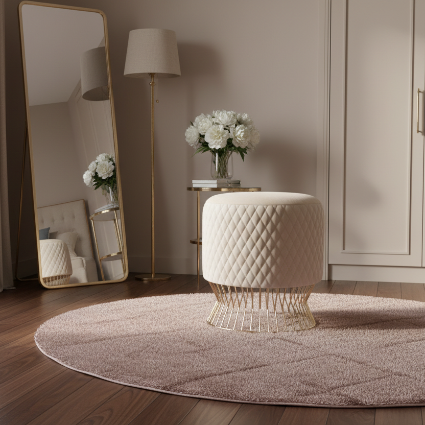 Decorative room with a quilted ottoman, standing lamp, and mirror.