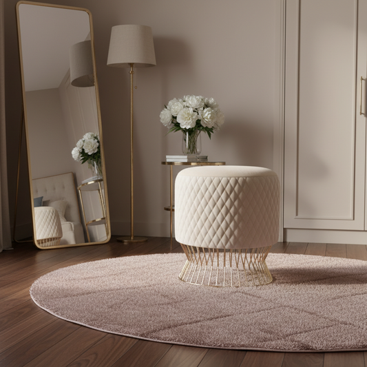 Decorative room with a quilted ottoman, standing lamp, and mirror.
