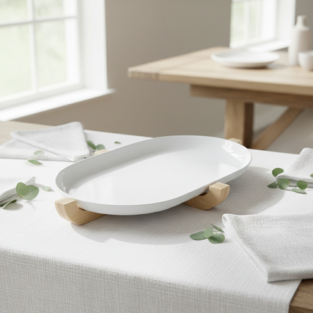 White oval platter on a wooden stand with a minimalistic setting