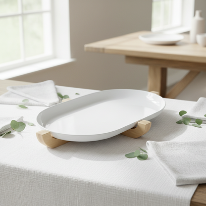 White oval platter on a wooden stand with a minimalistic setting