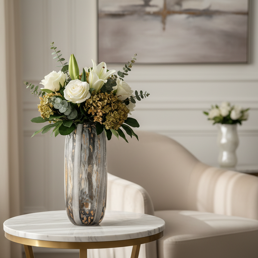 Decorative vase with flowers on a marble table in a stylish room.