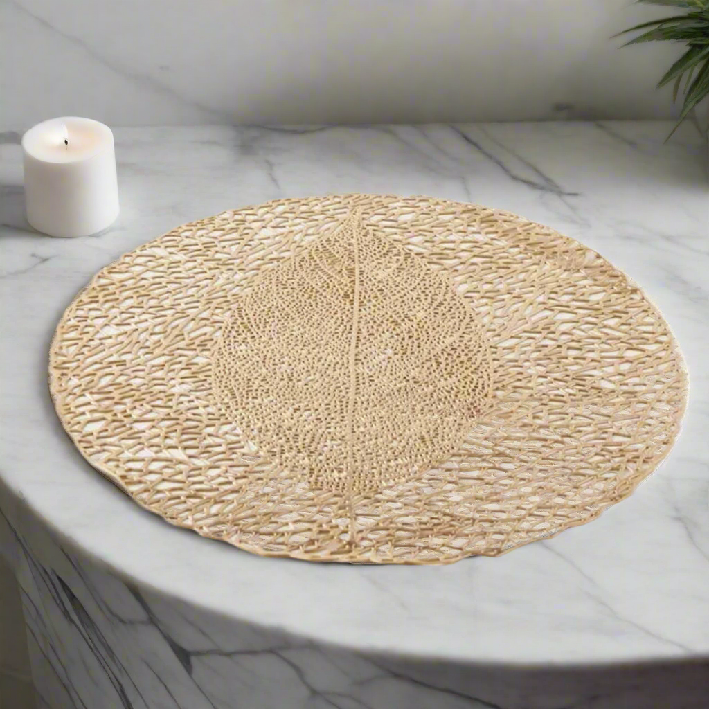 Luminous Rose Gold Fig Leaf Skeleton Premium Placemat – Elegant Metallic Charger (Set of 2)