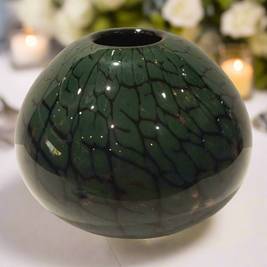 Verdant Allure: Globular Vase with Organic Crackle Finish