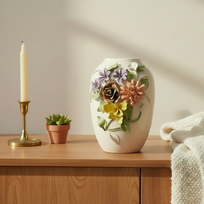 Decorative vase with floral design on a wooden surface with a candle, plant, and blanket.