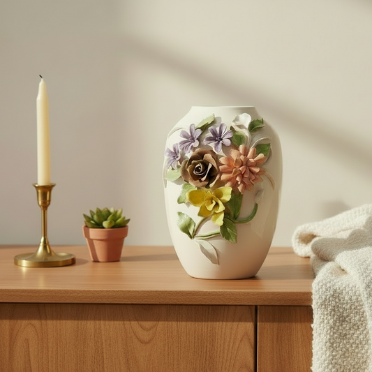 Decorative vase with floral design on a wooden surface with a candle, plant, and blanket.