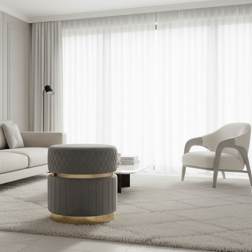 Modern living room with a gray ottoman, white sofa, and chair.